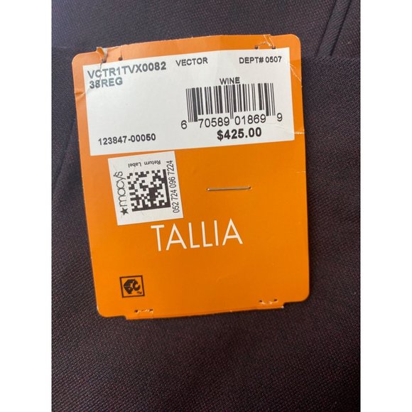 Tallia Men's Vector Wool Classic Fit Two-Button Blazer Wine Size 38Reg New - Picture 3 of 3